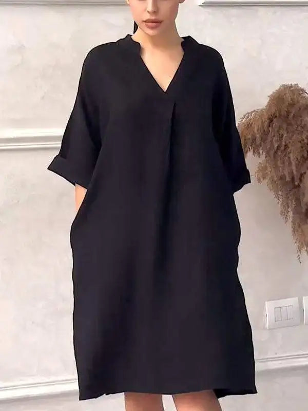 Fashion Cotton And Linen Women's V-neck Loose Dress Spring And Summer Solid Color Casual Short Sleeved Pocket Midi Dresses