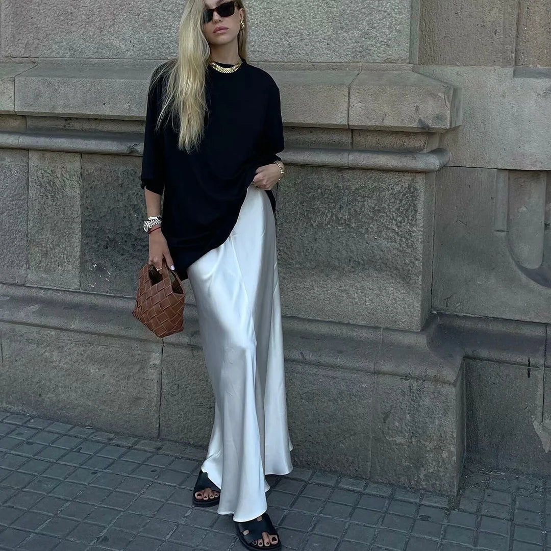 Elegant Satin Midi Slip Skirt with Side Zipper – Smooth & Flowing Fit for Versatile Styling