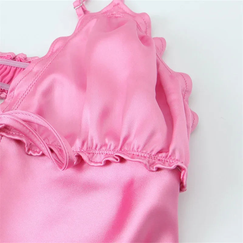 women's clothing summer new beach style fashion temperament elegant satin texture ruffled sling midi dress 3573/331