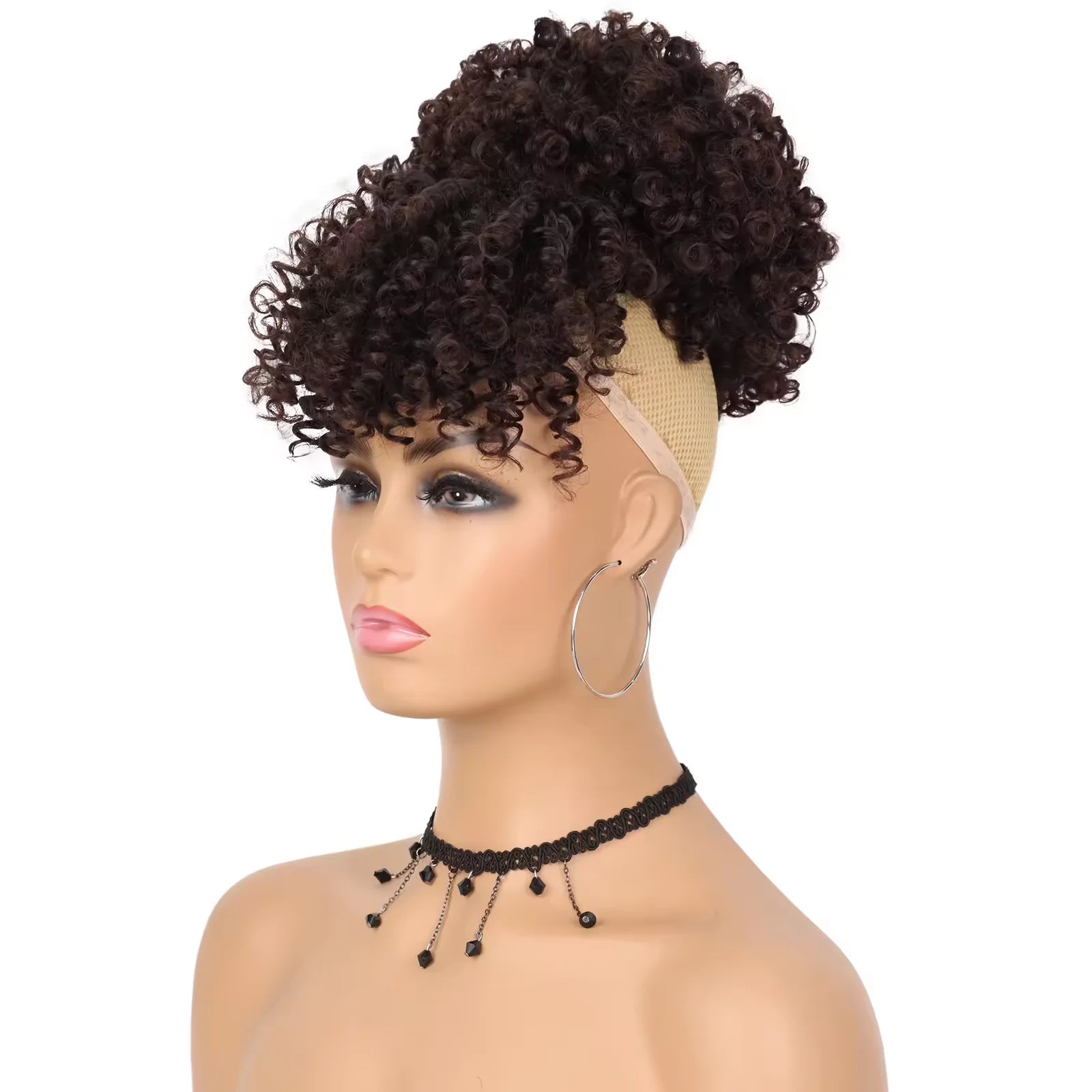 Synthetic Afro Puff Hair Bun Extensions Drawstring Ponytail With Bangs Short Kinky Curly Pineapple Clip in on Wrap Updo Ponytail