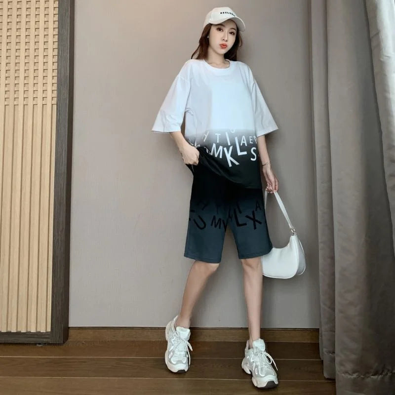 Women's Casual Sports Short Suit Summer New Fashion Fried Street Long T-shirt Crop Tops 2 Two Piece Set For Women Tracksuit