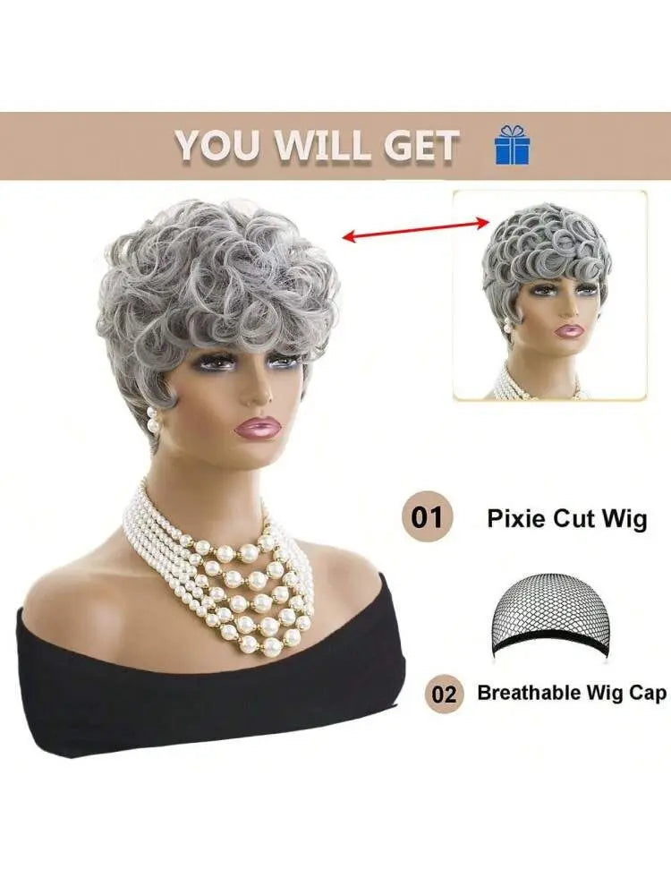 Short Pixie Cut Wig with Bangs for Black Women, Fluffy Curly Wig, Natural Wavy synthetic Wigs, Grey