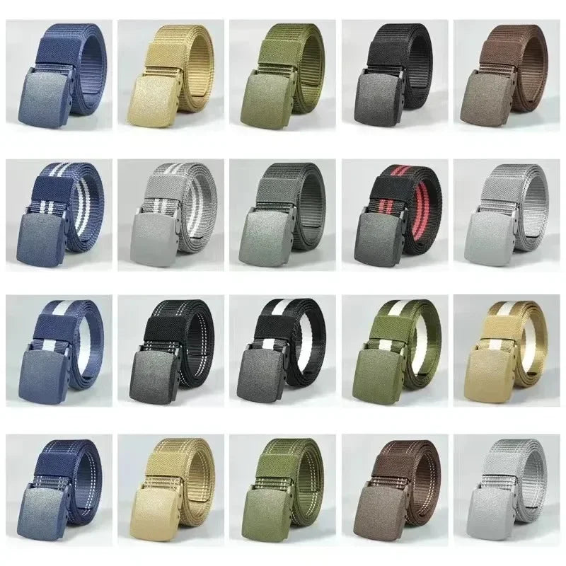 Ceintures en nylon à boucle automatique pour femmes, en toile, pour voyage en plein air, pantalons de sport haut de gamme, ceintures non métalliques pour hommes, blanc, noir, bleu, rouge