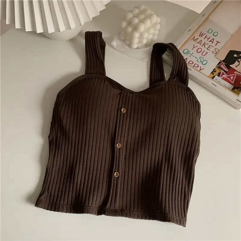 Women's Cropped Tops with Bra Pads Summer 2025 Corset Korean Suspenders Vest Sexy Slim Camisole