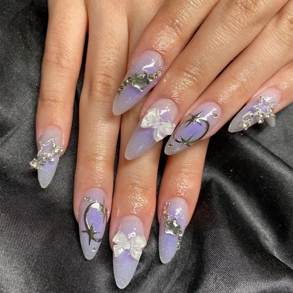 24Pcs Almond Press-On Nails in Pink Cat Eye with Heart & Strawberry Designs – Glossy Acrylic Stick-On Nails for Women & Girls
