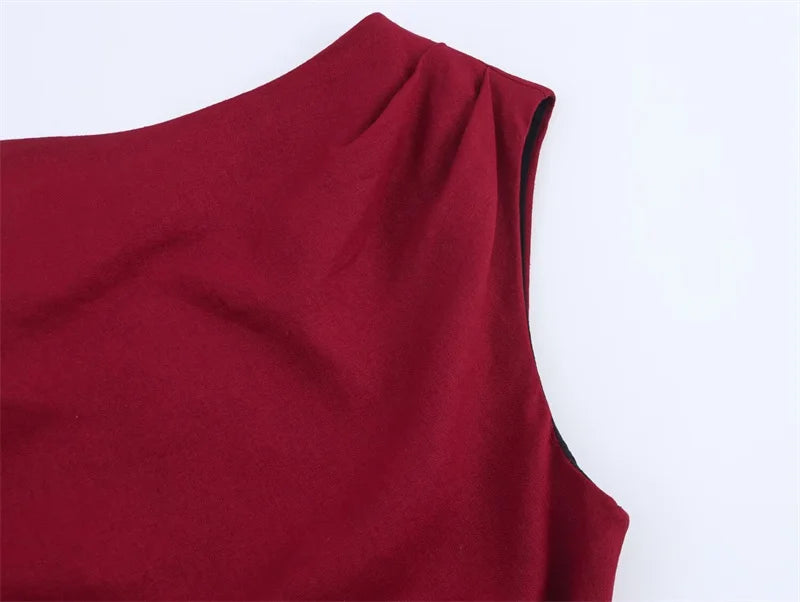 Women's New Dress Summer Red Linen Blend Pleated Midi Dress Irregular Collar Design Sexy Fashion Sense of Luxury