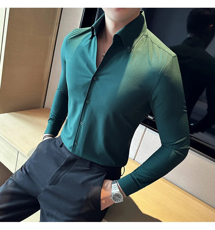 Men Dress Shirt Autumn British Style Solid Casual Slim Fit Formal Camisas V-neck Long Sleeves Shirt Streetwear Men Clothing