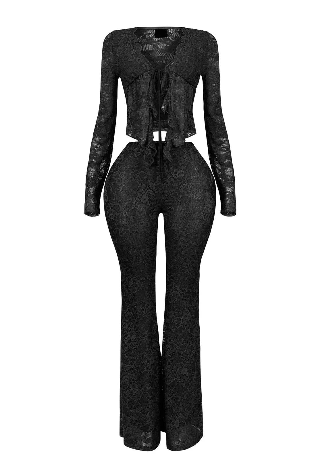 Pant Sets Women Two Pieces Cardigan Lace Sexy Tops Tracksuit Full Wide Leg Pants Loose Fit Casual Spliced High Waist Solid