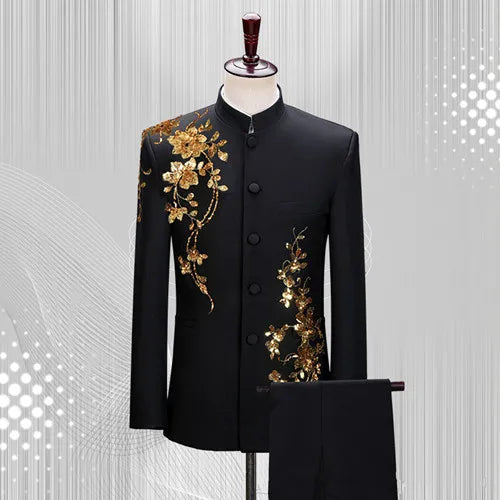 Fashion Men Stand Up Collar Floral Suit Luxurious Sequin Clothing Male Business Social Wedding Ball Party Dress Blazer and Pants