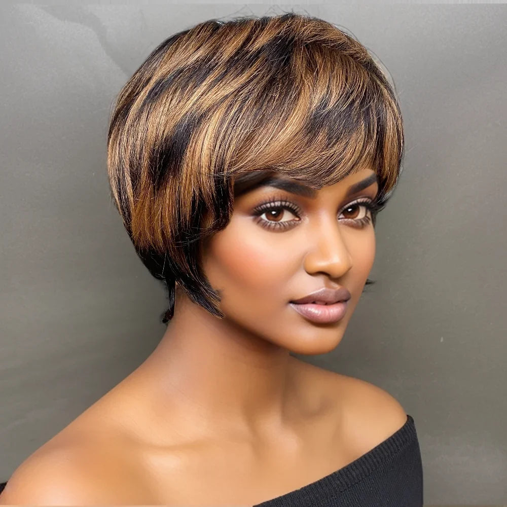 1B/30 Color Straight Human Hair Wig Pixie Cut Human Hair Wig With Bangs Full Machine Made Wig Ombre Colored Wig