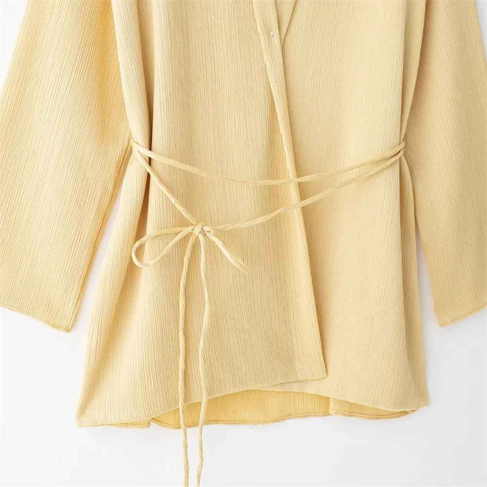 Women's Pajamas for Women 2 Pieces Set Kimono Style Loose Lace Up Shirts Tops Women's Wide Leg Pants Sets Sleepwear Women