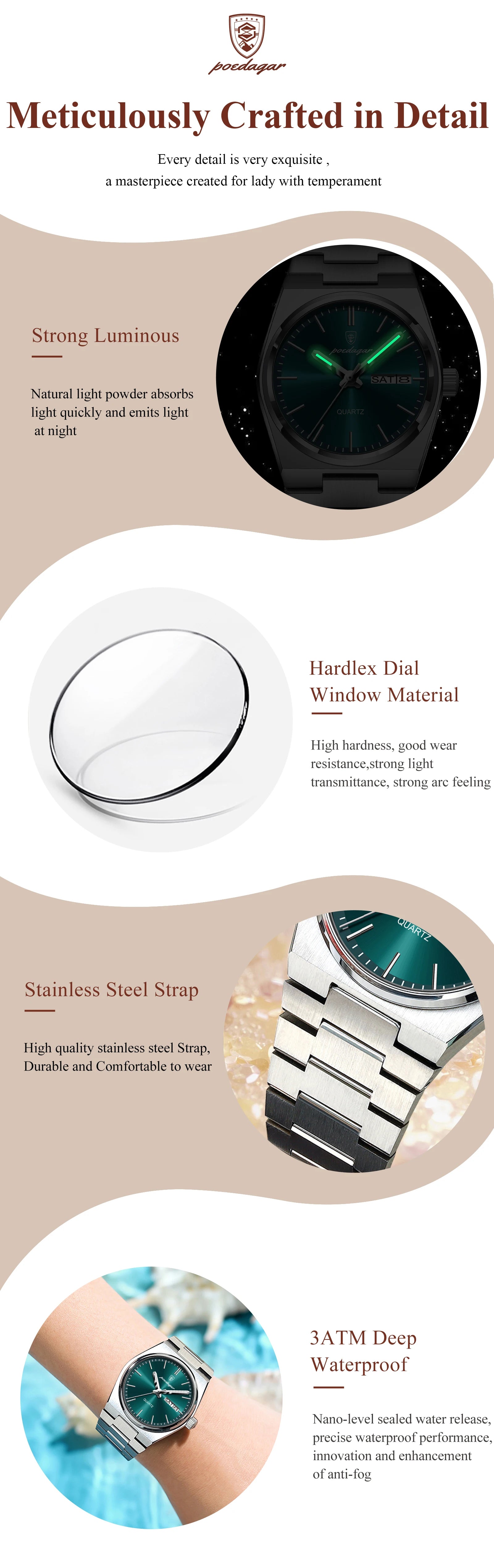 POEDAGAR Elegant Watches For Women Waterproof Luminous Date Week Ladies Watch Quartz Stainless Steel Woman's Fashion Wristwatch