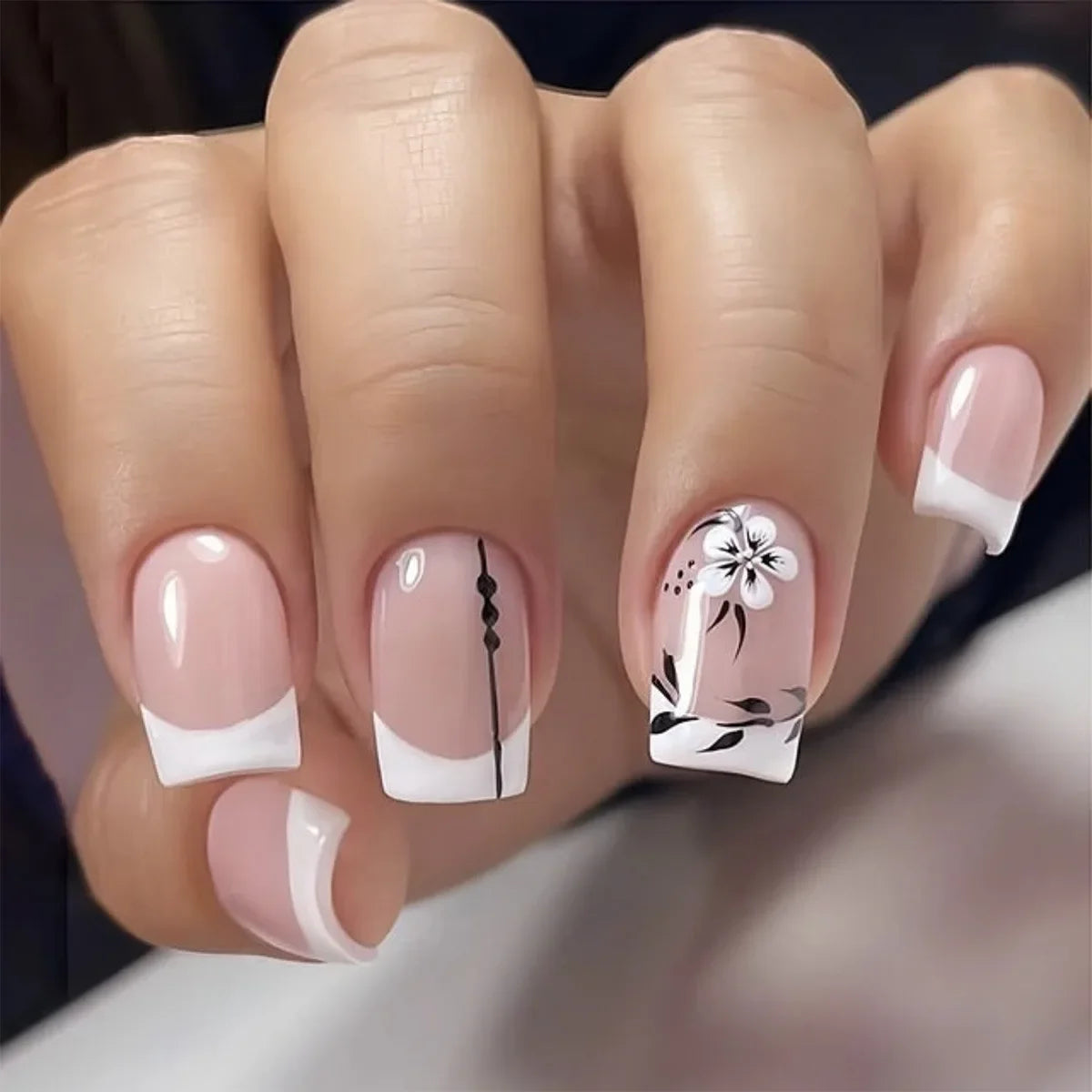 24pcs/box Glossy Short Square Fake Nails Colorful French Tip Press On Nails Flower Pattern Spring Summer False Nails For Women