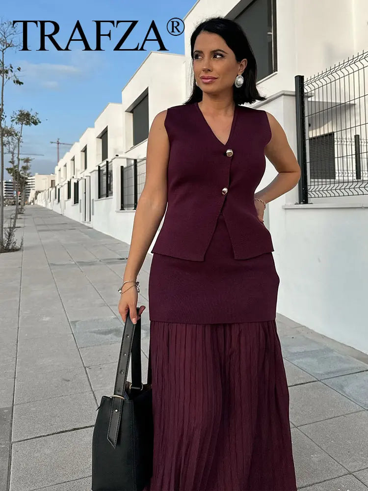 TRAFZA Women Skirt Set Wine Red Knitted V-Neck Sleeveless Slim Vest +Solid High Waist Zipper Patchwork Long Skirt Street