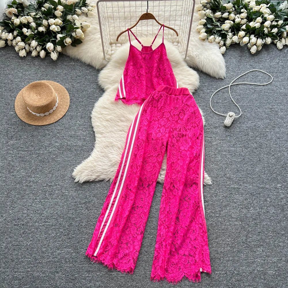 Women Two Pieces Sets Spliced lace Off Shoulder Slip Top and Fashion Hotsweet High Waist Elastic Waist  Wide Leg Pant Sets