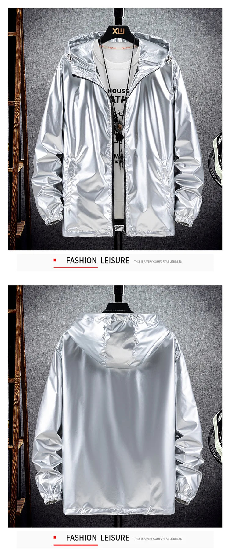 Chaquetas con capucha de superficie brillante para hombre, para senderismo, pesca, deportes al aire libre, cortavientos, estilo fino, abrigos de tendencia, ropa de hombre 7XL