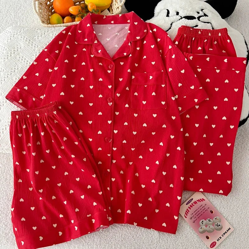 Women Pajamas Sets Short Sleeve Nightwear Top and Pants Sleepwear 3 Piece Pjs Loungewear Fashion Print Pyjamas Set Nightwear