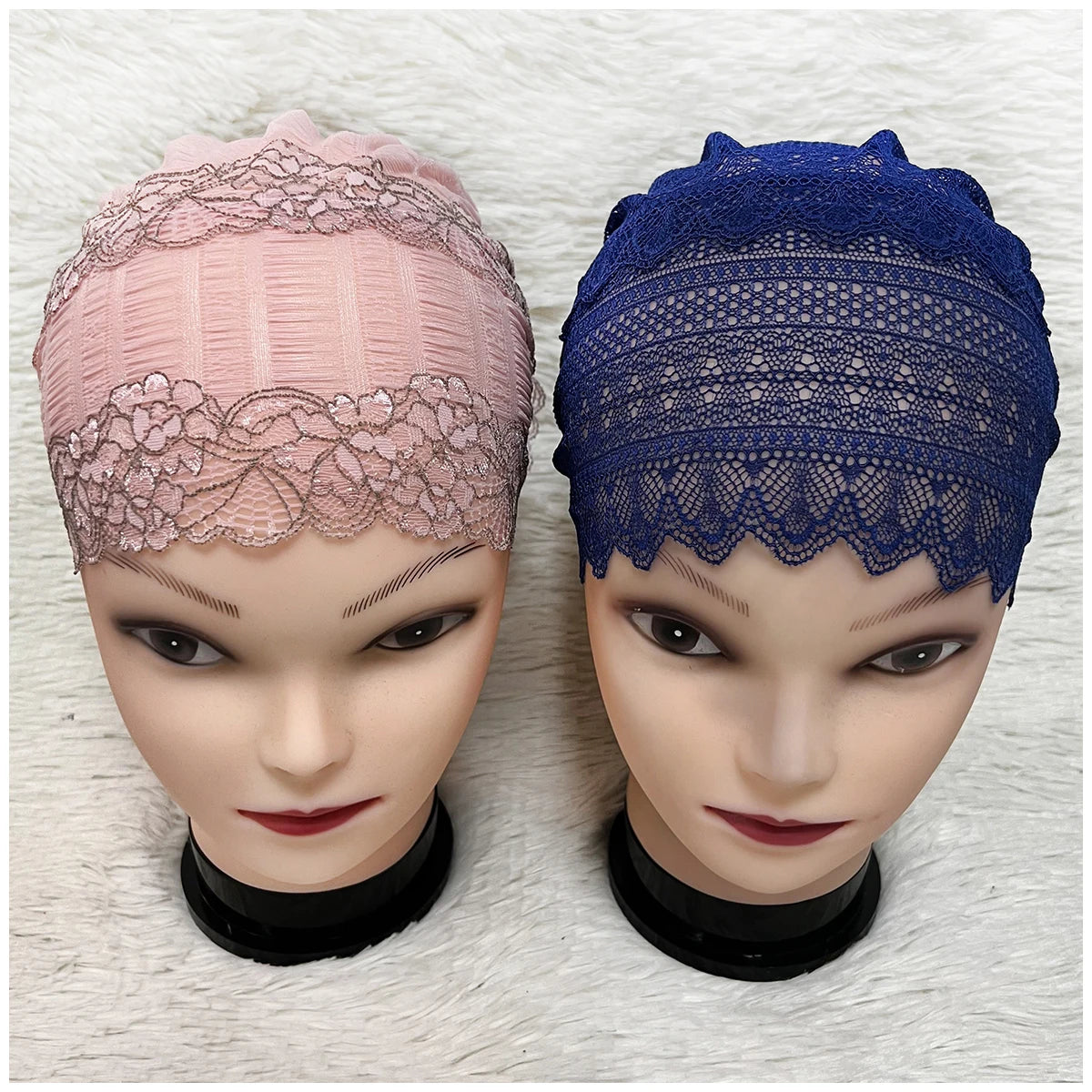 Elastic Design Lace Hollow Out Flannel Hat Women's Cap Forehead Cross Muslim Base Scarf Indian National Style Pearl Headdress