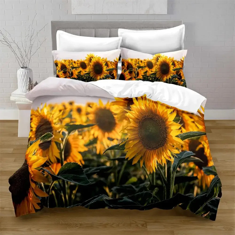 Juego de funda nórdica de girasol, flores amarillas, exuberantes girasoles en el campo, juego de cama de microfibra, estampado floral botánico, funda de edredón
