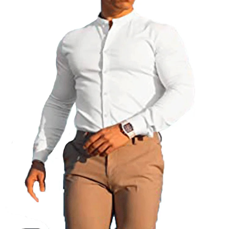 Men's  Casual Shirt Slim Fit Micro-elastic Long Sleeve Comfortable Versatile Stand Collar Tops Camisas  Men Dress Shirt
