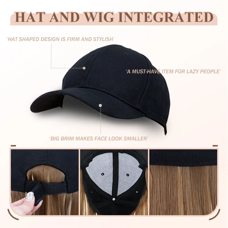 Gorro Sintético con Peluca de Pelo Largo, Liso y Negro, Extensión de Pelo con Gorra de Béisbol, Diseño Todo en Uno Elegante y Conveniente para Mujeres