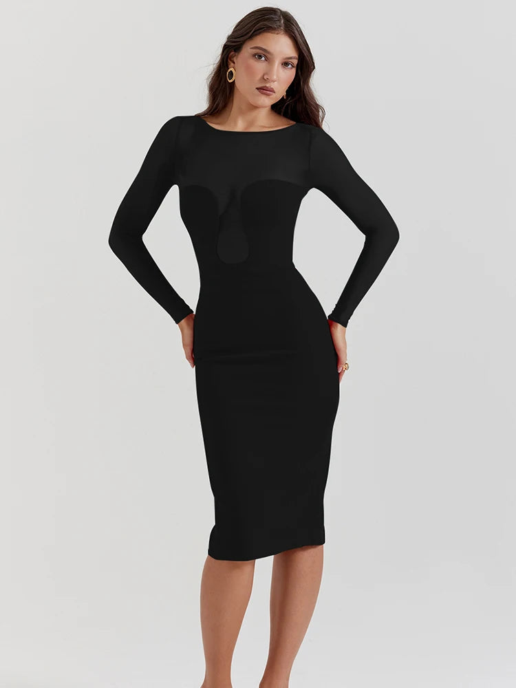 Articat Sexy Mesh Patchwork Christmas Red Dress Women Long Sleeve Bodycon Perspective Evening Dress Elegant Party Club Vestidos