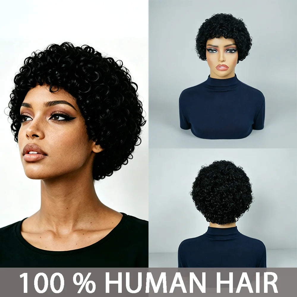 4Inches Short Pixie Cut Wig Human Hair For Black Women Afro Kinky Curly Wig African Curly 180% Density Full Machine Made Wig