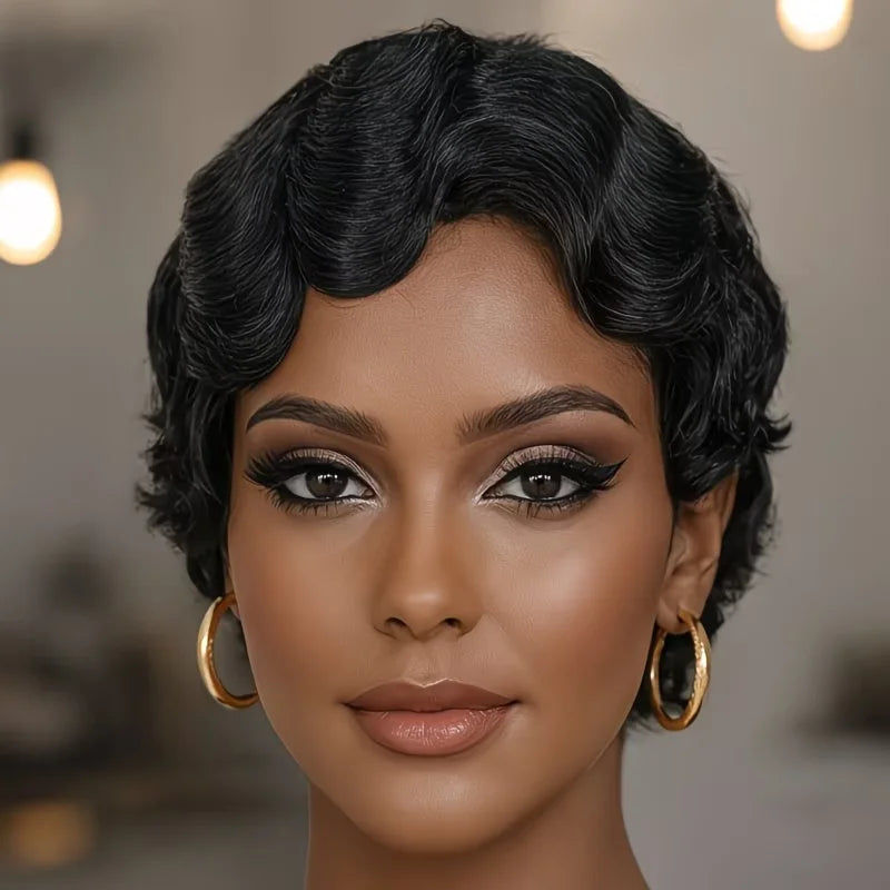 Pixie Cut Finger Wave Short Bob Wigs For Women Human Hair Ocean Wave  Machine Made