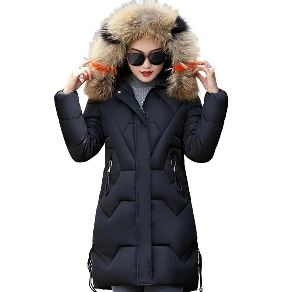 Hooded Cotton Jacket Stylish Winter Women's Cotton Jacket with Furry Hood Neck Protection Mid Length Zipper for Windproof