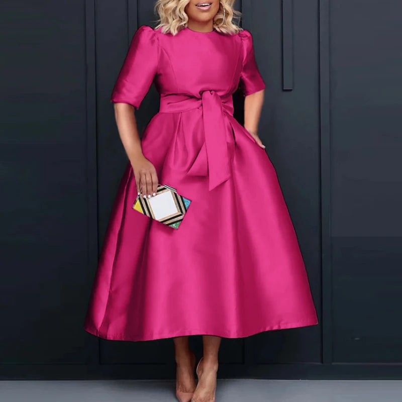VONDA Elegant Women Satin Short Sleeve Midi Dress Summer Vestidos Casual Belted Loose Solid Color Long Sundress Oversized
