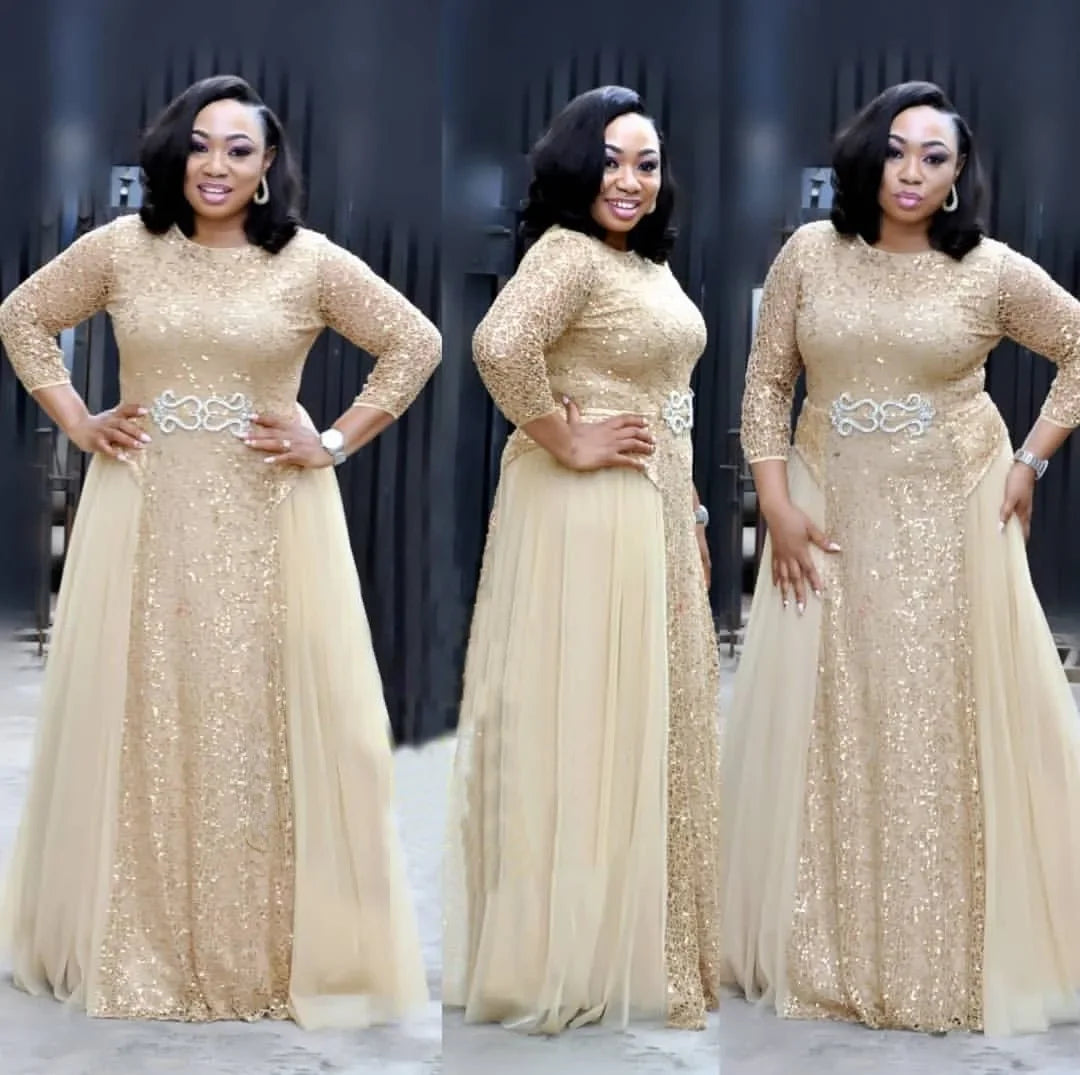 Women Africa Dresses Lace Party Dress O Neck Solid Long Sleeve Loose Kanga A Line Sequins Full Length Vestidos World Apparel