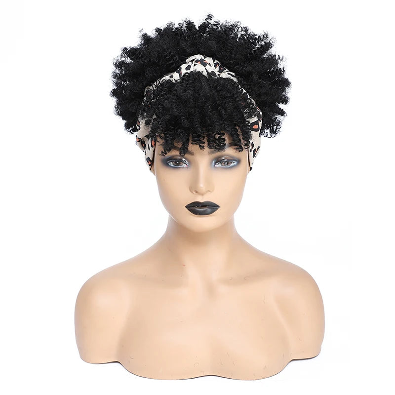 Afro Curly Headband Wigs Short Kinky Curly Wigs with Headbands Attached Scarf Wig For Women Synthetic Afro Puff Wigs with Bangs