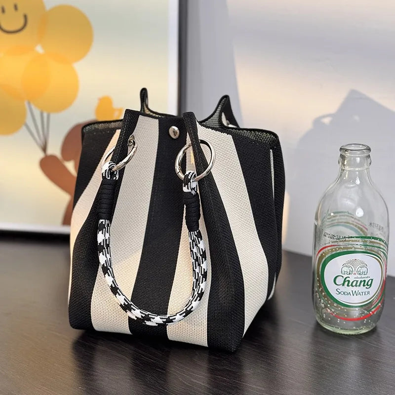 Metal Ring Handbag Fashionable Women'S Bucket Bag Knit Tote Bag Spacious Color Block Handbag For Leisure Travel Daily Commuting