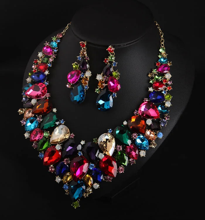 Luxury Super Shiny Colored Gems Crystal Jewelry Set Trendy Necklace Earring Women Wedding Bridesmaid Accessories Gift Wholesale
