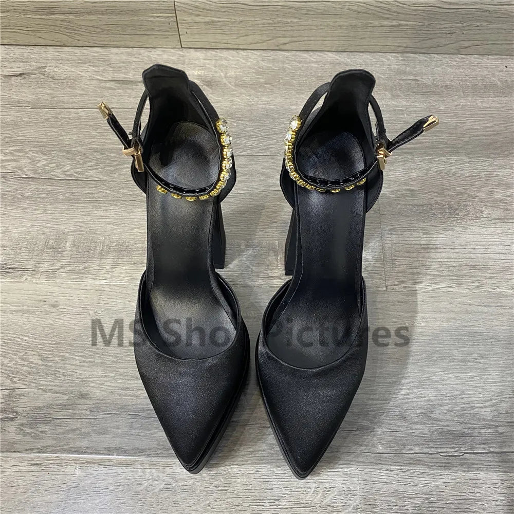 Luxury Women High Heel Shoes Platform Sandals Pointed Toe Woman Silk Pumps Sexy Rhinestone Buckle Chunky Heel Wedding Shoes 2024