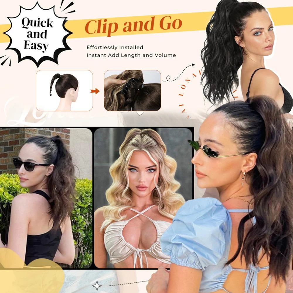 18" Wavy Claw Clip in Ponytail Hair Extensions Curly  Synthetic Fake Pony tails Hairpieces-Ash Brown with Blonde Highlights