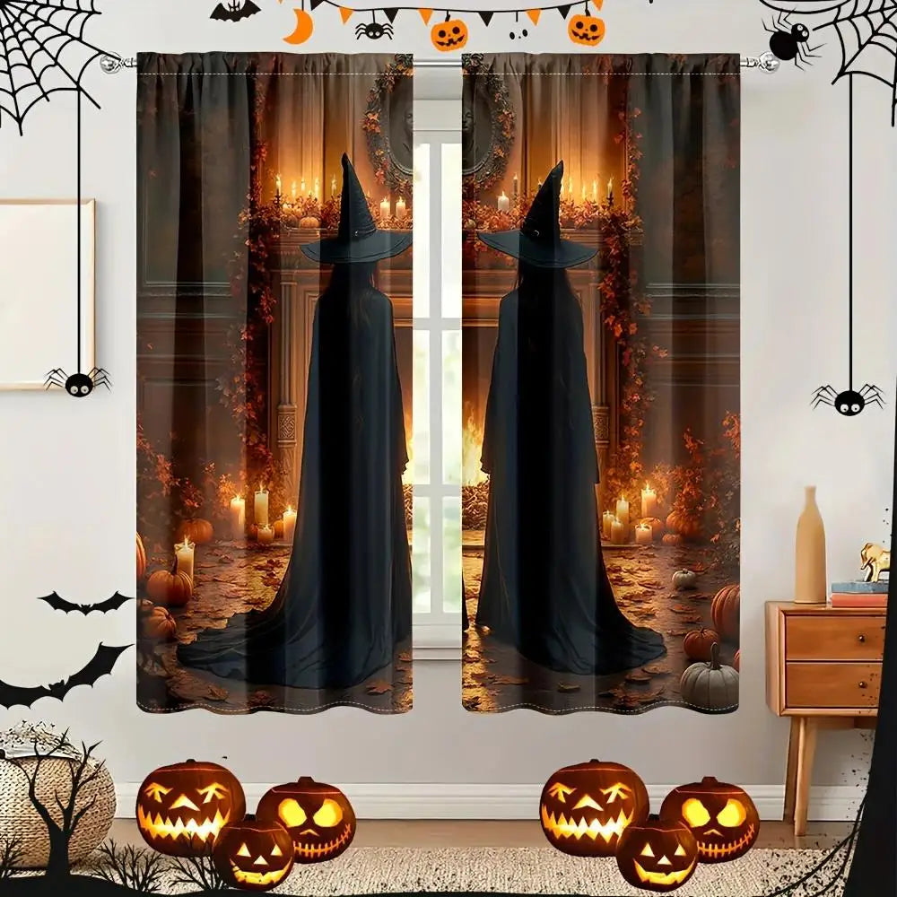 2pcs- Halloween Witch Magic Print Curtains, pole bag home decoration, room decoration