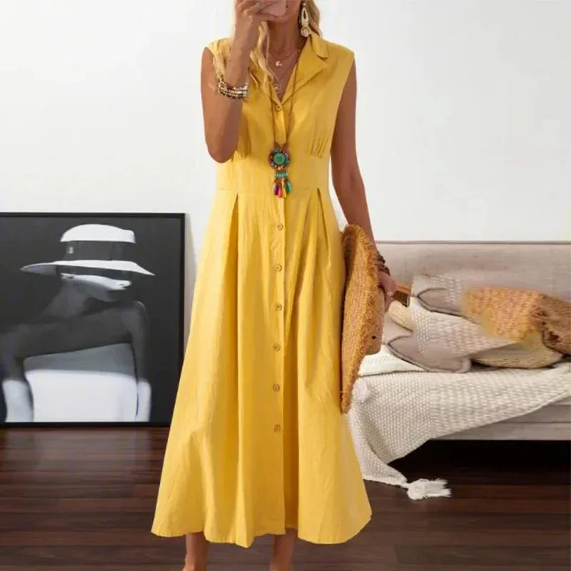 New Dresses  Woman Fashion Lapel A-line Vintage Cotton Linen Long Skirt Women's Clothing Tops