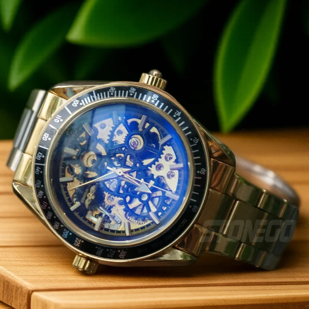 Women Automatic Mechanical Skeleton Watch Self-Winding Water Resistant Gold Plated Dress Wristwatch
