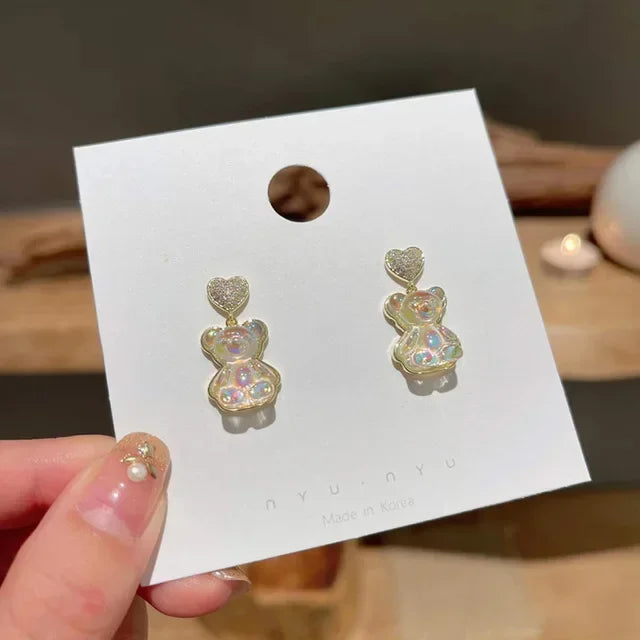 Pendientes colgantes de oso de gominola de acrílico bonitos para mujer, pendientes de aro de oso arcoíris CZ, joyería dulce de niña, moda coreana 2022