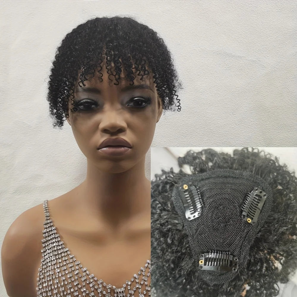 Pince à Cheveux avec Frange - Topper Pince à Cheveux avec Frange de Styles Éffilés, Extensions de Cheveux Bouclés Afro Crépus 100% Cheveux Humains #1B