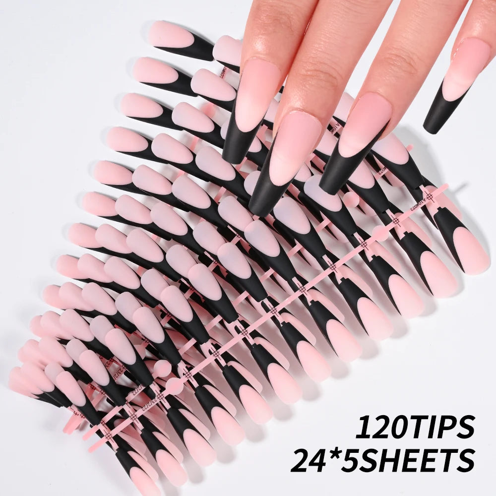 120pcs Black Edge Super Long French False Nail Removable Ballerina Coffin Almond Fake Nail Artificial Acrylic Press On Nail Tips