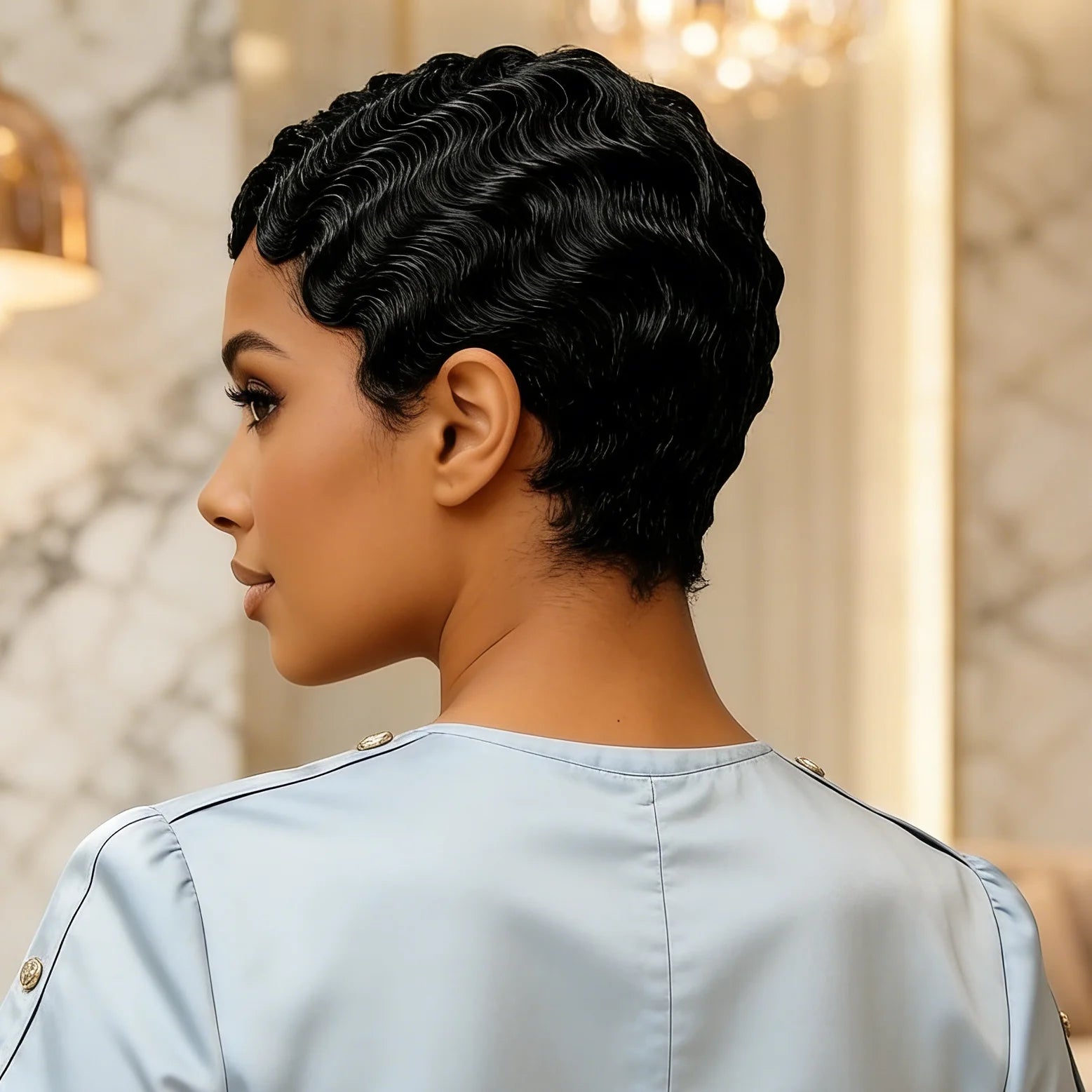 Finger Wave Human Hair Wig Short Pixie Cut Wig for Women Machine Made wig