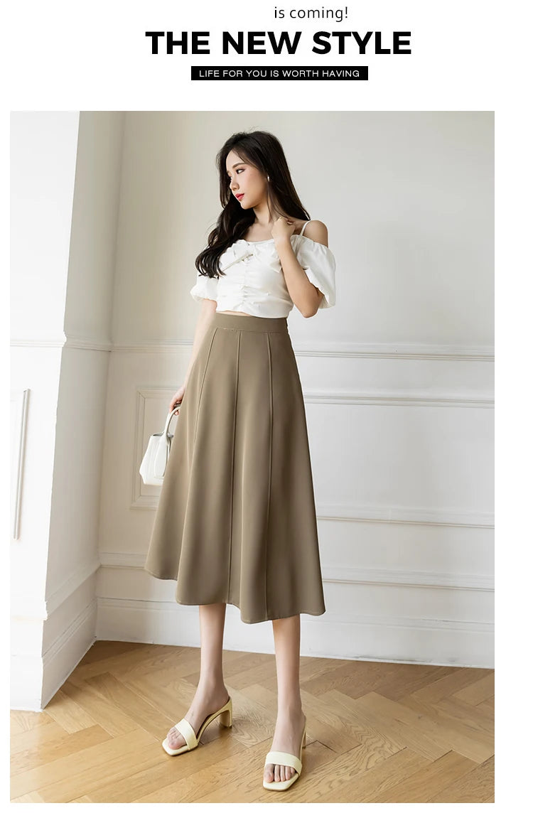 Women's Skirt Spring Women High Waist Solid Vintage Girl's Waist Down Skirt Knee-length A-line Fashion Thin Skirt for Women