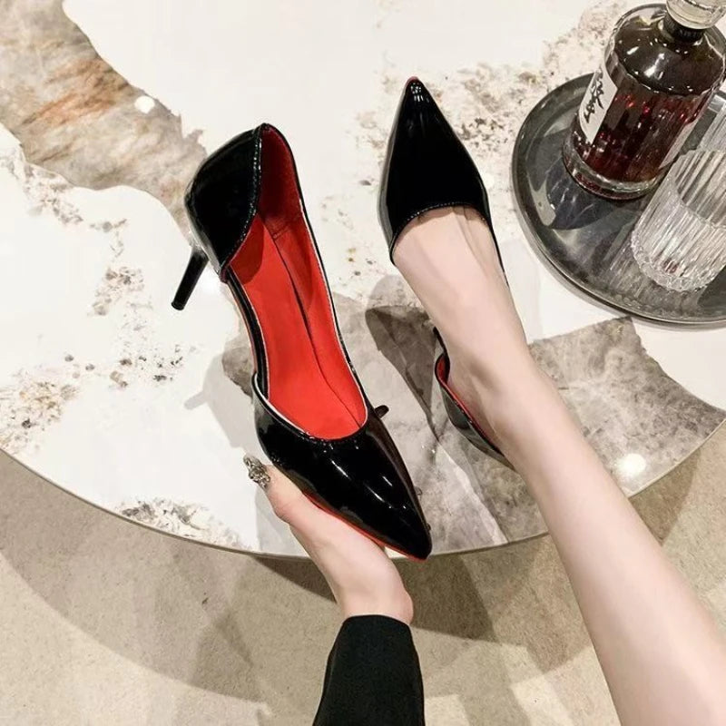 Elegant Hollow Women's High Heels 2025 Luxury Brand Black Pointed Toe Pumps Red Shiny Bottoms Sexy Fashion Ladies Shoes Women