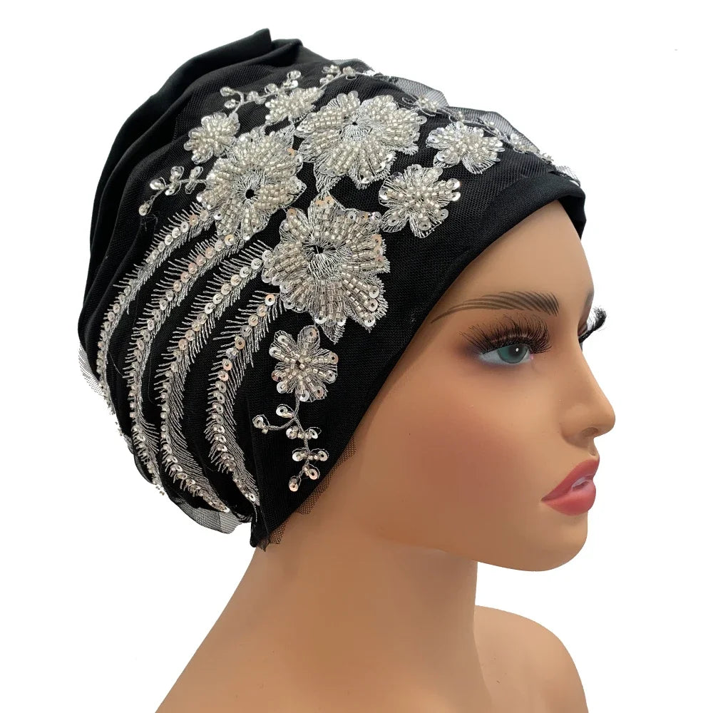 Luksuriøs broderi perlebesatt plissert turbanhette for kvinner afrikansk kvinnelig wrap-hodepanser muslimsk turbanhatt damehodeplagg