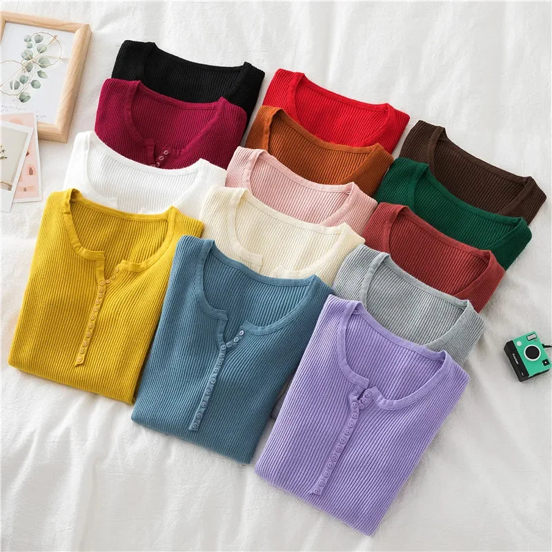 Korea Autumn Winter Button V Neck Sweater Women Basic Slim Pullover Women Sweaters And Pullovers Knit Jumper Soft Warm Tops
