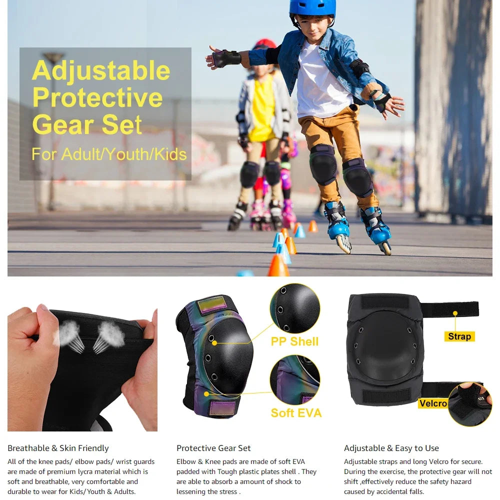 6Pcs/Set Adult/Kids Knee Pad Elbow Pads,Youth Skate Protective Gear Set 3 in 1 Knee & Elbow Pads Wrist Guards for Roller Skates