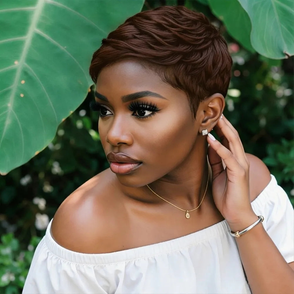 150%density 4inch short layered pixie cut human hair wig summer wig machine made  hair wig for women natural black/99j color