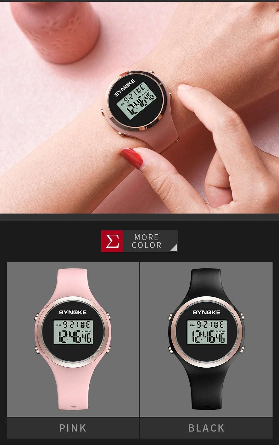 SYNOKE Women's Watch Digital Women Dress 50M Waterproof Stopwatch Sports Luminous Multifunction LED Electronic Wrist Watch Lady